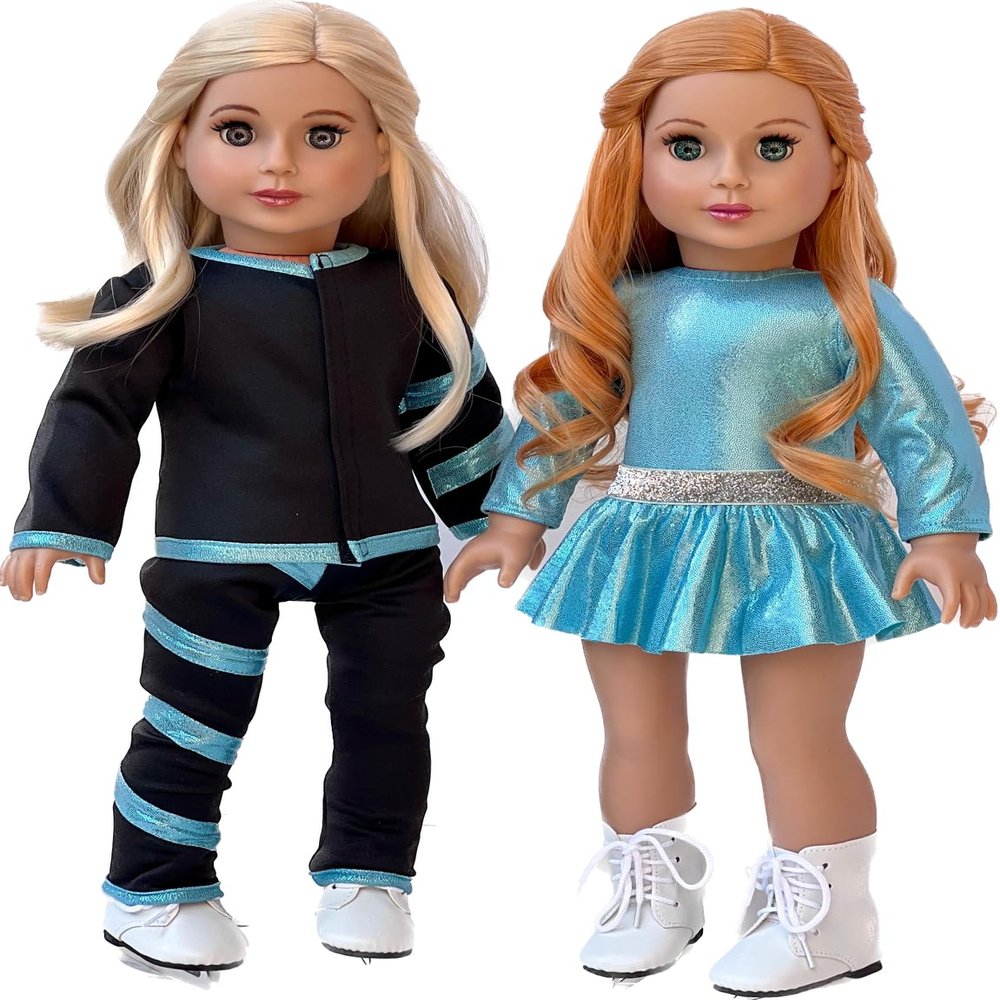 Super Skater - 18 Inch Doll Clothes - 2 Complete Ice Skating Outfits - 5 Pieces - Leotard, Skirt, Pants, Jacket, and 1 Pair of Skates (Dolls Not Included)