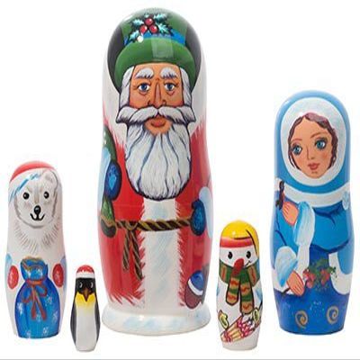 Golden Cockerel Made in Russia Authentic Russian Nesting Polar Christmas Doll 5pc./6" aka Traditional Santa Claus and Friends Collectible Babushka Russian Doll 100% Guaranteed!