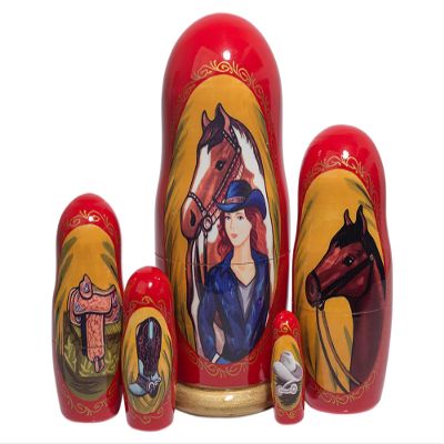 Golden Cockerel Cowgirl Western Horse Nesting Doll 5pc./6" Equestrian Matryoshka Russian Wooden Stacking Doll