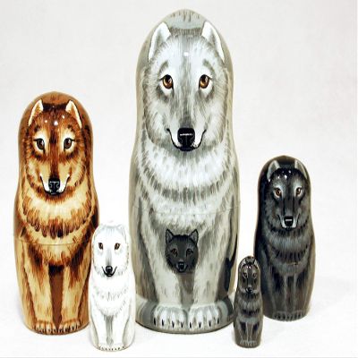 Golden Cockerel Wolf Family Nesting Doll 5pc/6" Hand Painted Russian Wolves Matryoshka Wood Babushka