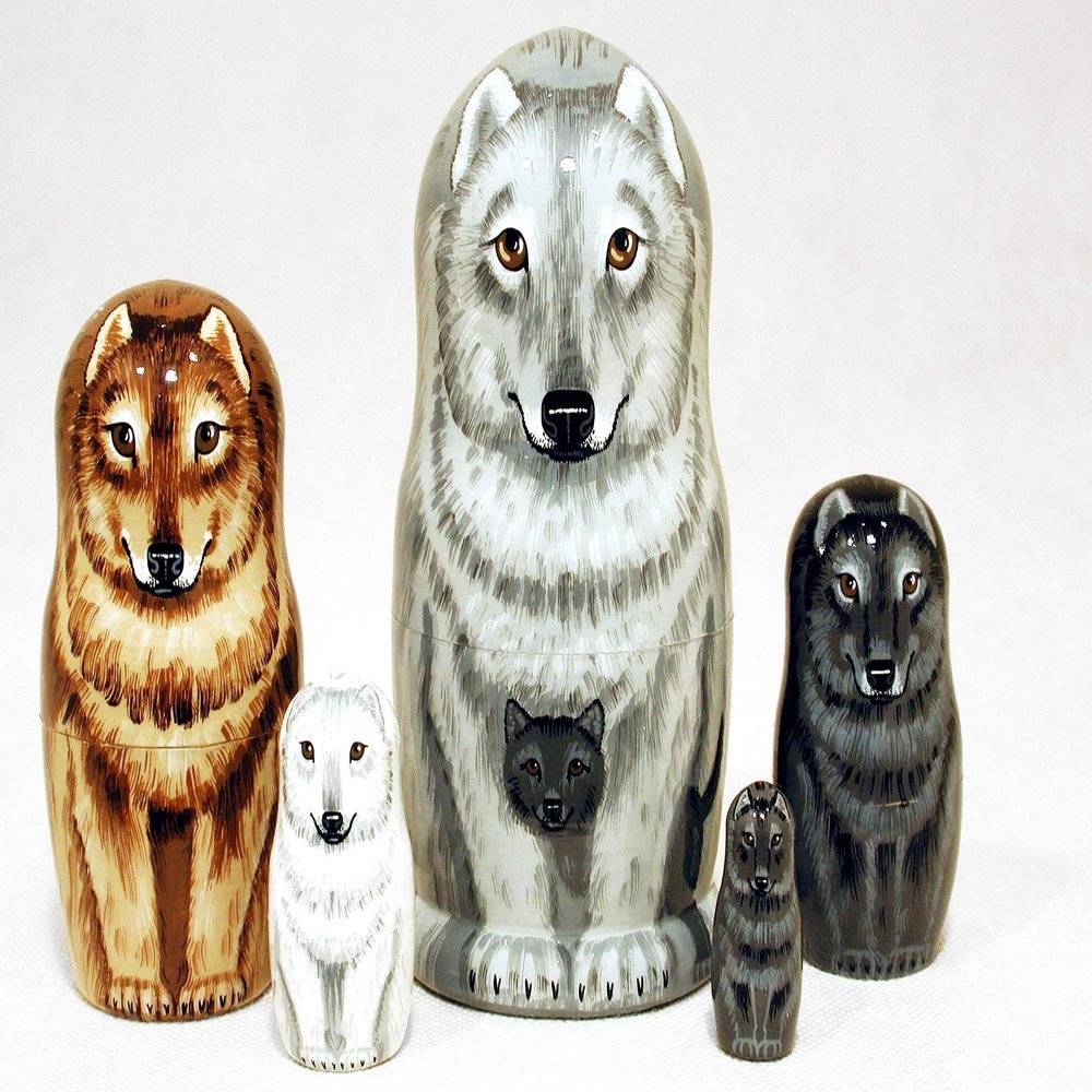 Golden Cockerel Wolf Family Nesting Doll 5pc/6" Hand Painted Russian Wolves Matryoshka Wood Babushka
