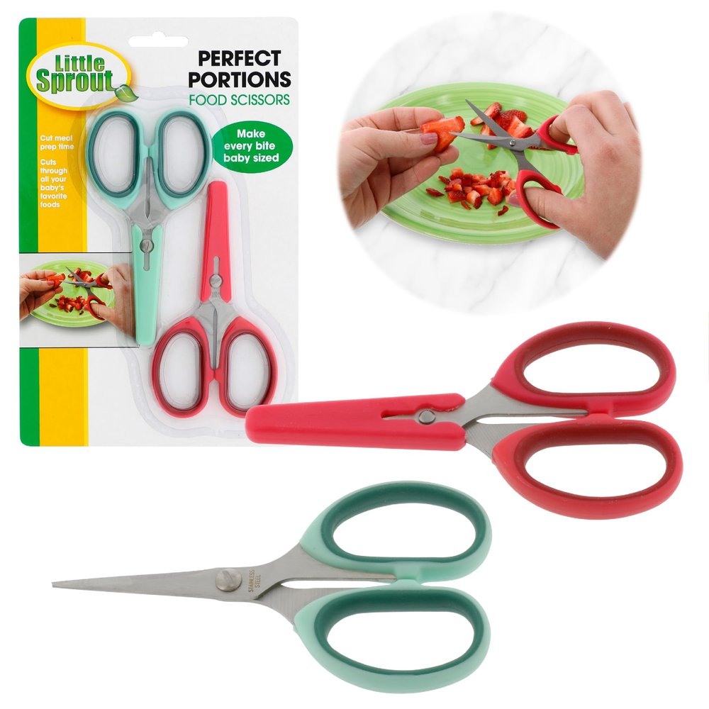 Baby Food Scissors 2 Pack w Covers- Parent Must-Safety Stainless Steel Shears- Make Every Bite Perfectly Sized & Safe- For Babies, Toddlers- Kids Feeding or Adult Portion Control, Gift for Mom