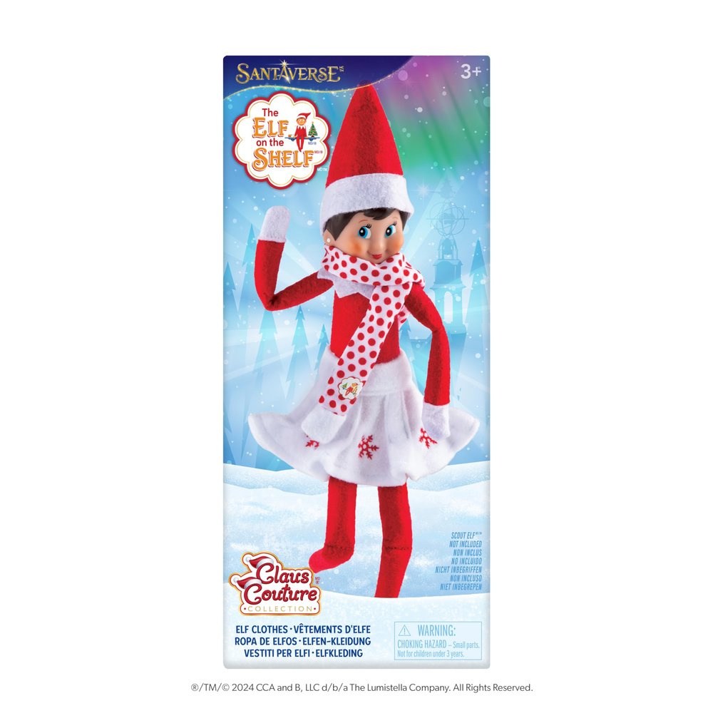 The Elf on the Shelf Claus Couture Collection Snowflake Skirt & Scarf Red and White Holiday Outfit for Scout Elves Festive Elf Clothes Accessory Scout Elf Not Included