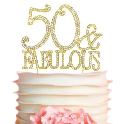 50 Cake Topper - Premium Gold Metal - 50 and Fabulous - 50th Birthday Party Sparkly Rhinestone Decoration Makes a Great Centerpiece - Now Protected in a Box