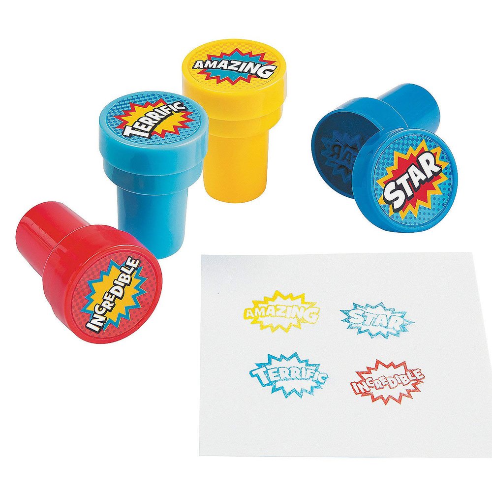 Fun Express Superhero Comic Book Sound Effect Self-Inking Plastic Stampers - Superhero Birthday Party Gifts - Valentine's Day Party Favors - 24 Pieces