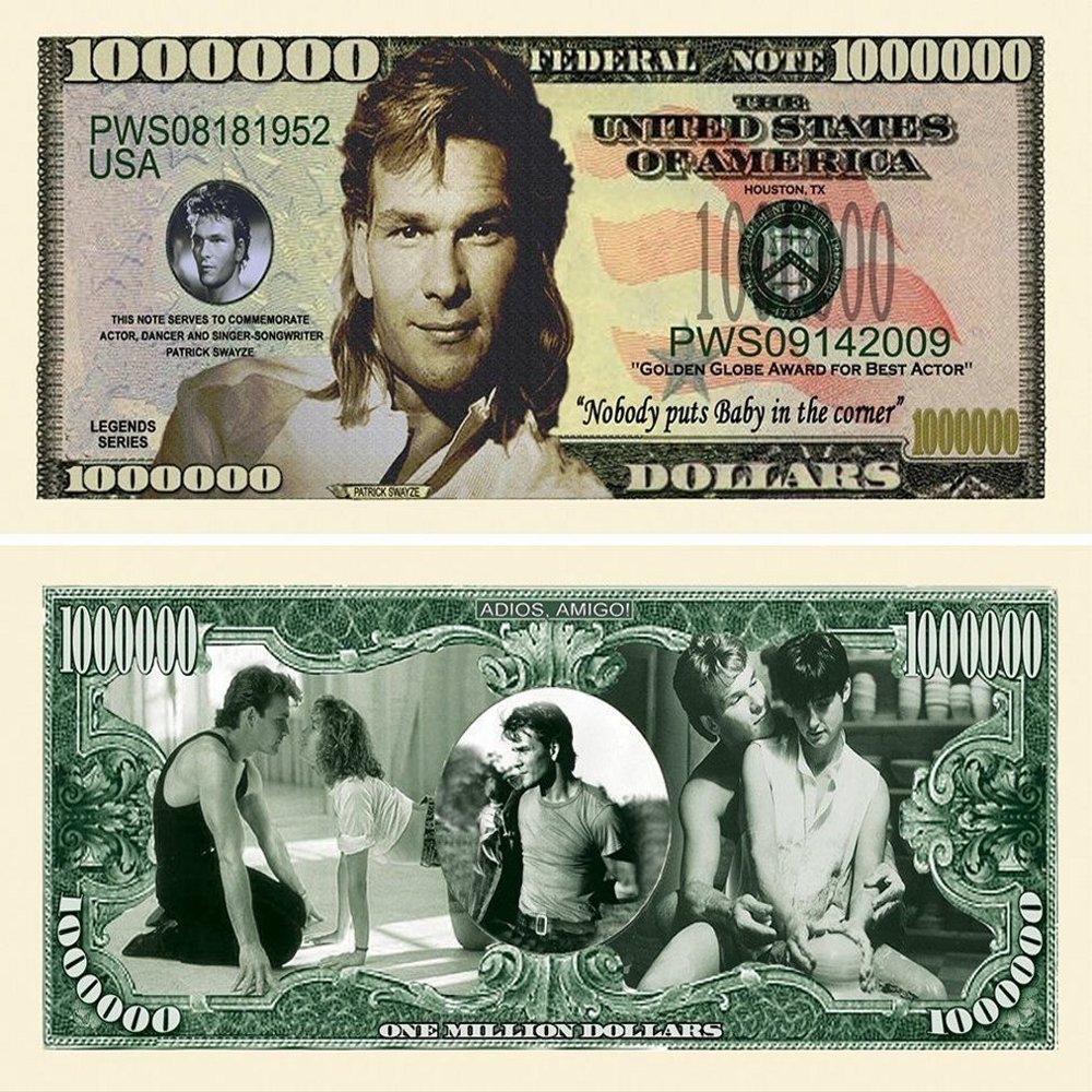 10 Patrick Swayze Million Dollar Bill with Bonus Thanks a Million Gift Card Set