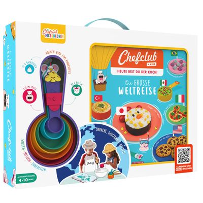 Chefclub Kids - The Great Journey of the World Cookbook Set with Measuring Cups, Atlases and Stickers, Cooking Art for Kids, German Version