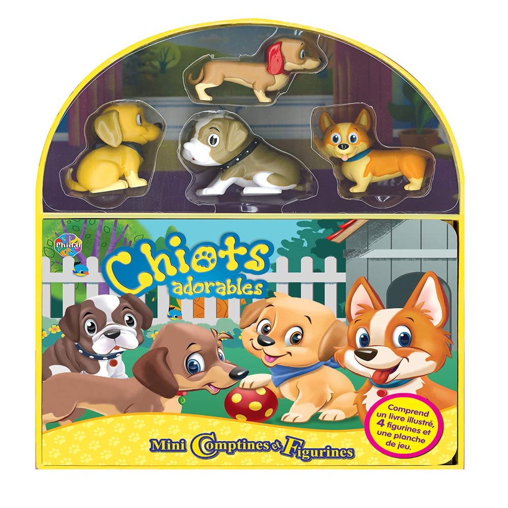 Phidal- Puppies 9782764359297 Cardboard Book with 12 Pages, 4 Figurines and a Game Board, Multi-Coloured
