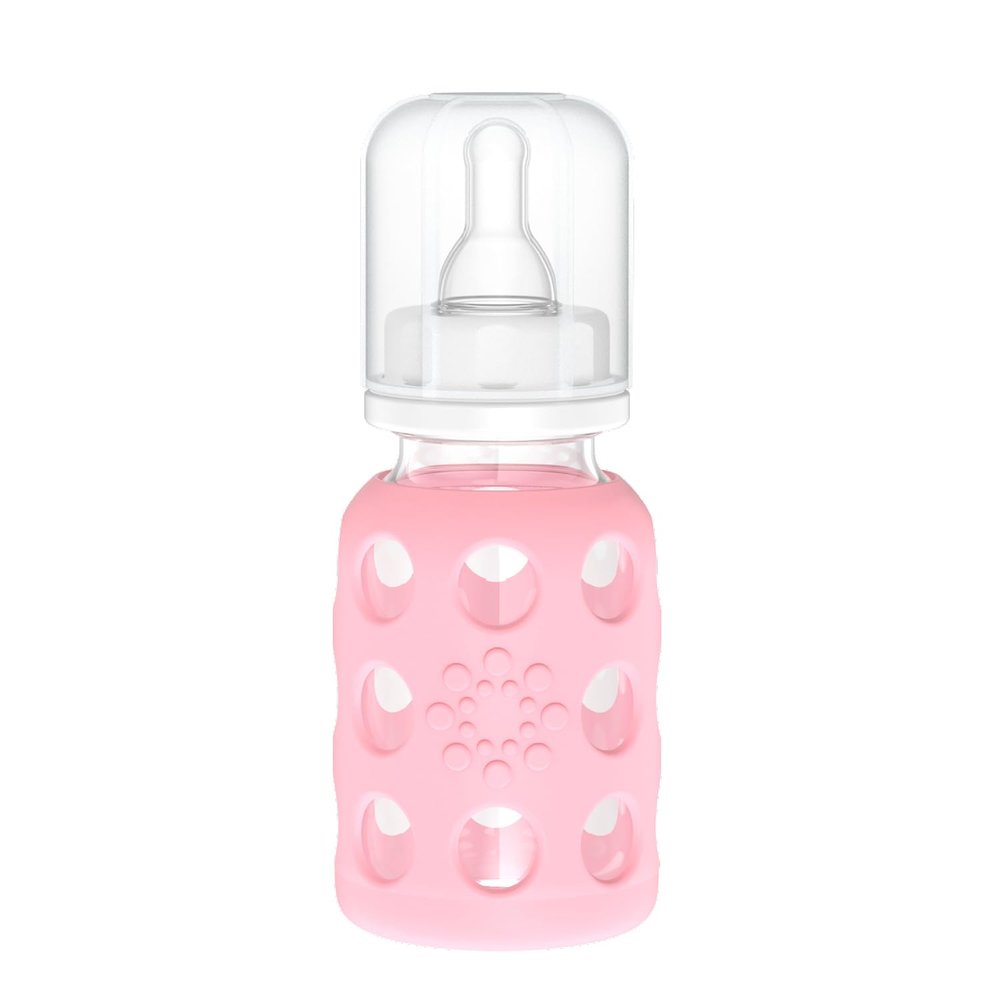 Lifefactory 4-Ounce Glass Baby Bottle with Protective Silicone Sleeve and Stage 1 Nipple Pink (LF110003C4)