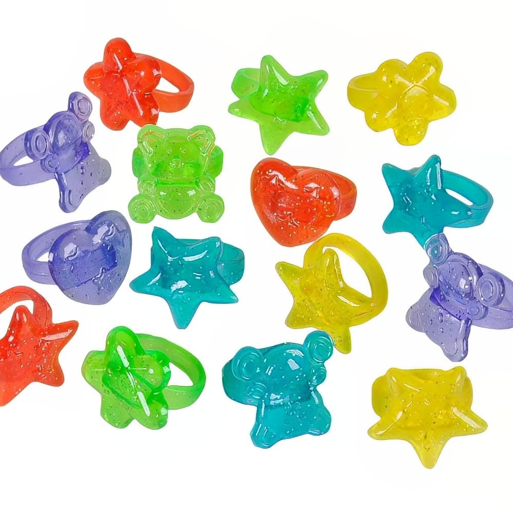 Rhode Island Novelty Plastic Glitter Rings, 144 Assorted Colors and Designs