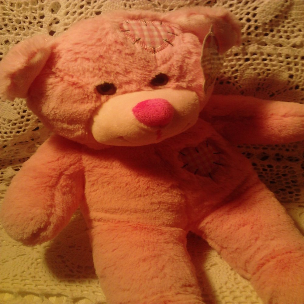 15" Pink Heart Patches Bear Make Your Own *NO SEW* Stuffed Animal Kit w/Backpack