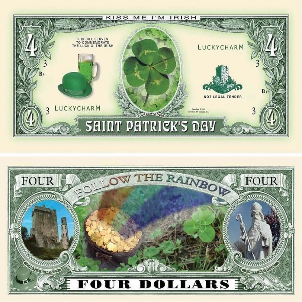 10 Saint Patrick Four Dollar Bill with Bonus Thanks a Million Gift Card Set