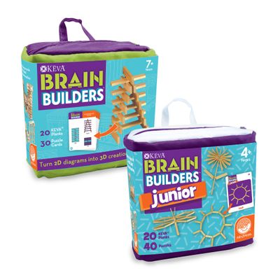 MindWare KEVA Brain Builders Set of 2: Original KEVA Brain Builders and KEVA Brain Builders Junior  Great Addition to STEM Building Toys and Classroom Games  40 Planks & 70 Puzzles Total