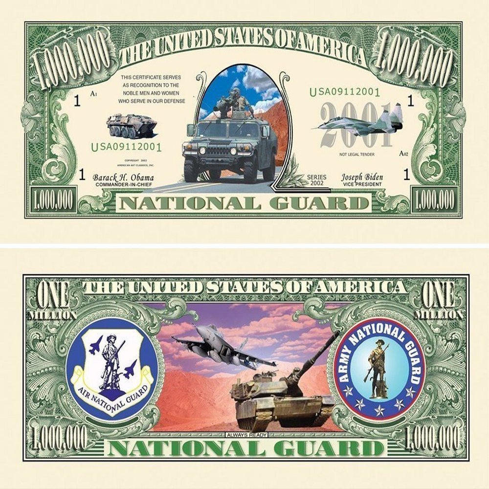50 U.S National Guard Million Dollar Bills with Bonus Thanks a Million Gift Card Set