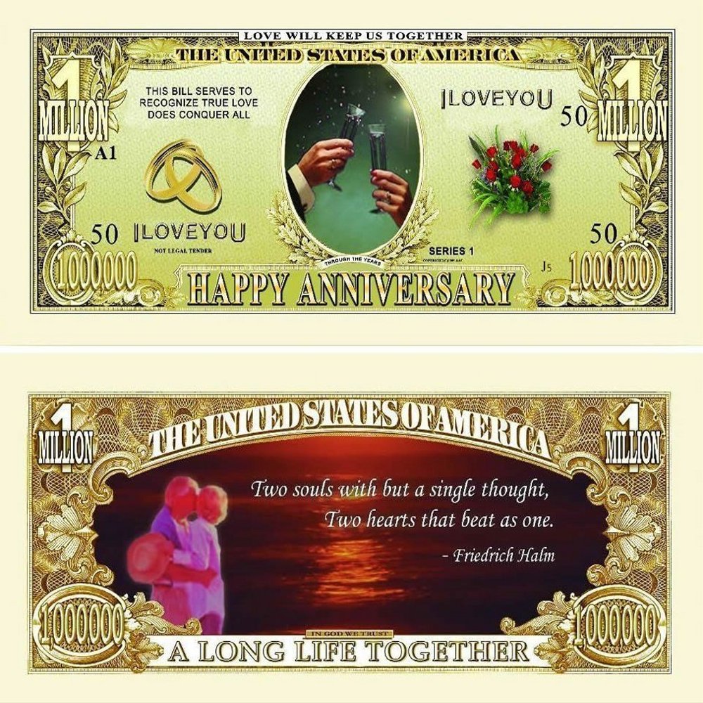 25 Happy Anniversary Million Dollar Bills with Bonus Thanks a Million Gift Card Set