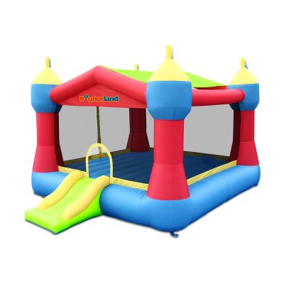 Bounceland Inflatable Party Castle Bounce House Bouncer, 16 ft L x 13 ft W x 10.3 ft H, Basketball Hoop, Removable Sun Roof, UL Strong Blower included, Fun Slide and Bounce Area, Castle Theme for Kids