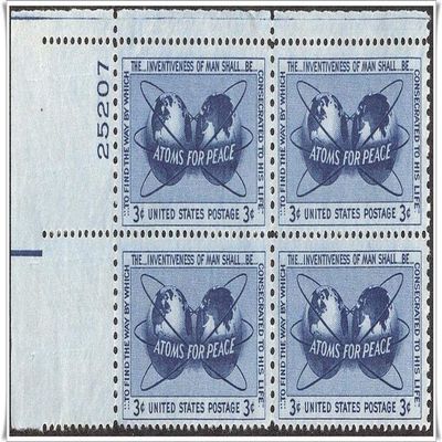 #1070 - 1955 3c Atoms for Peace Postage Stamp Numbered Plate Block (4)