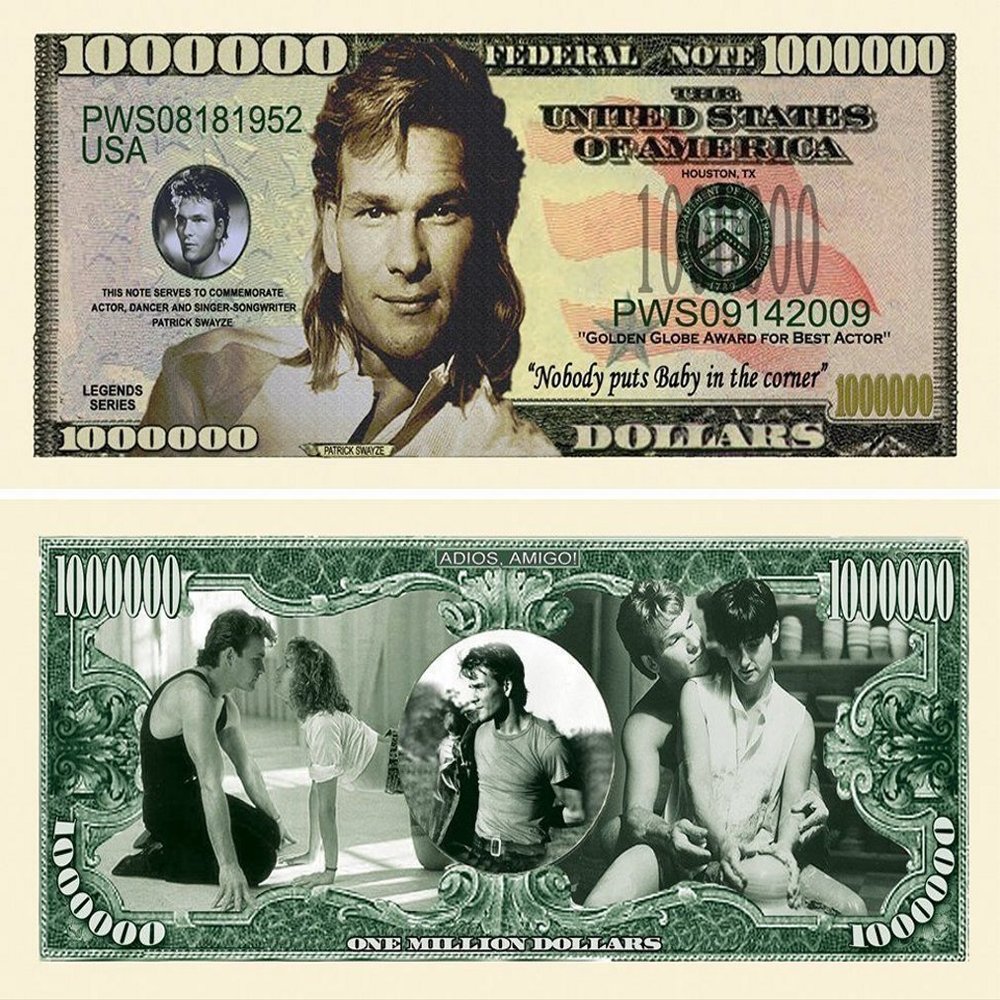 50 Patrick Swayze Million Dollar Bill with Bonus Thanks a Million Gift Card Set