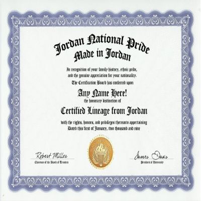 Jordan Jordanian National Pride Certification: Custom Gag Nationality Family History Genealogy Certificate (Funny Customized Joke Gift - Novelty Item)