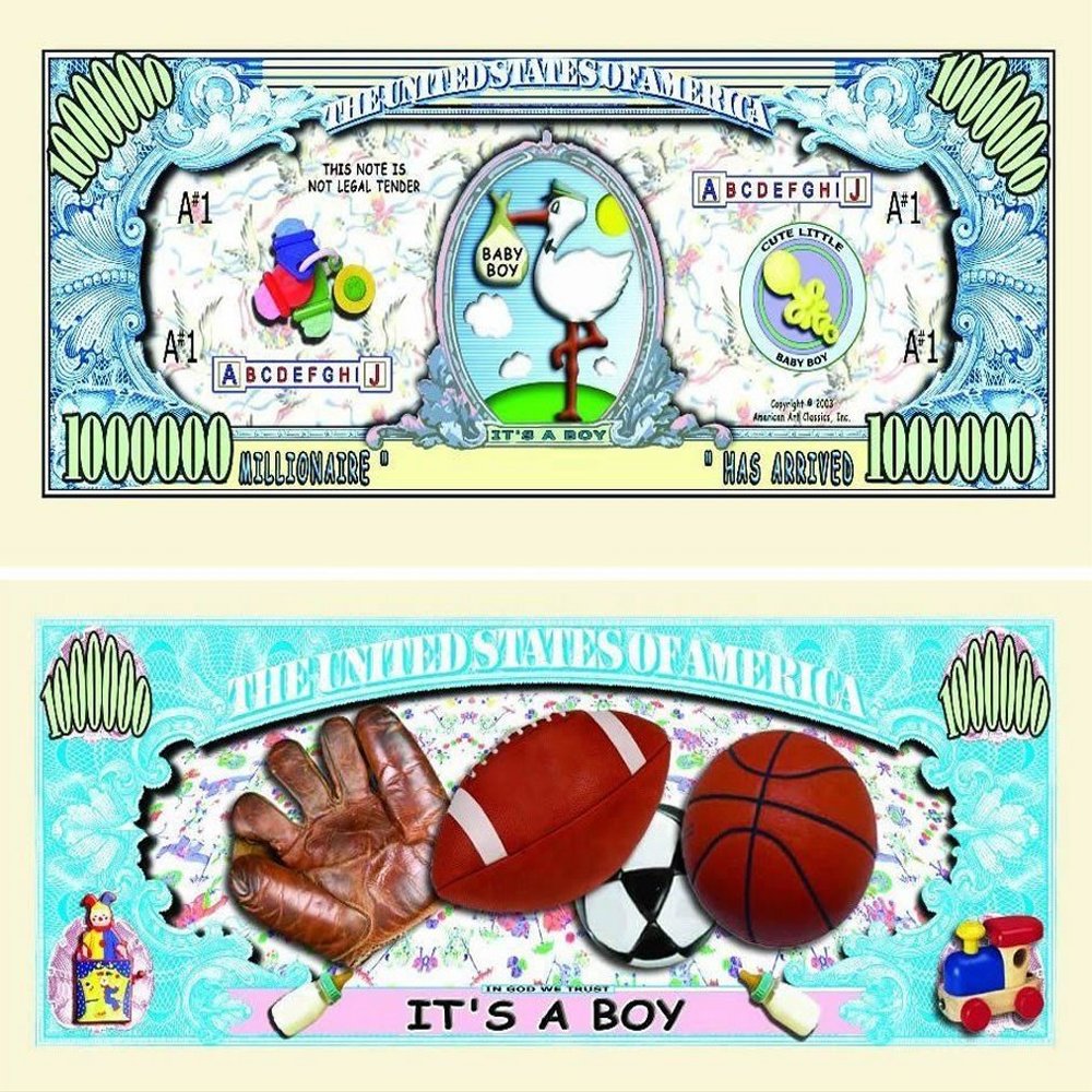 5 It's A Boy Million Dollar Baby Bills with Bonus Thanks a Million Gift Card Set