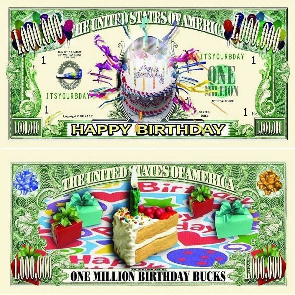 25 Happy Birthday Million Dollar Bills with Bonus Thanks a Million Gift Card Set