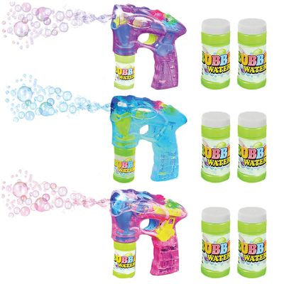 ArtCreativity 3 LED Light Up Bubble Guns, with Sound, Includes 6 Bottles of Bubble Solution Refill, Bubble Blower for Bubble Blaster Party Favors, Summer Toy, Outdoors Activity, Birthday Gift