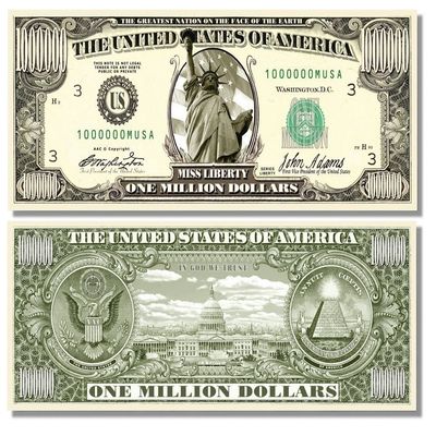 50 Miss Liberty Million Dollar Bills with Bonus Thanks a Million Gift Card Set