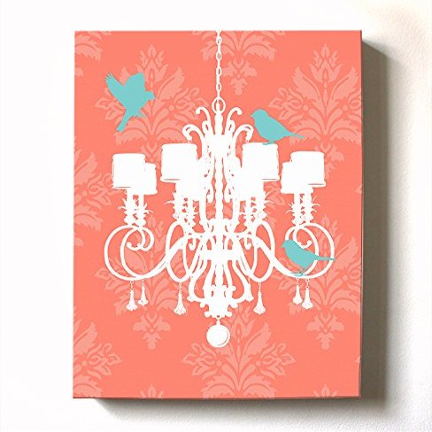 Modern Paris Shabby Chic Chandelier - Paisley & Lovebirds Stretched Canvas Nursery Decor - Wall Art that Makes a Memorable Baby Gift - Wooden Frame Construction - Ready to Hang 11X14