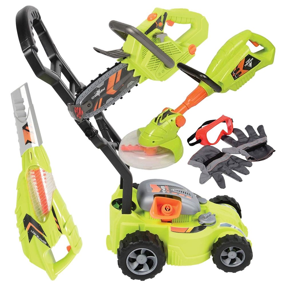 CP Toys 6-Piece Power Gardening Toy Set for Kids Ages 3+, Child Size Indoor/Outdoor Play Kids Tool Set with Leaf Blower, Chainsaw, Lawn Mower, and More, Green