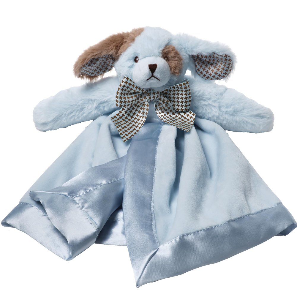Bearington Baby Waggles Blue Puppy Snuggler - 15" Puppy Lovey Security Blanket with Silk Satin Trim and Plush Dog Design - Soft for Boys, Girls, Infants, and Newborns