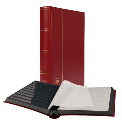 LIGHTHOUSE  BASIC Hard Cover Stockbook for Stamps - 64 Black Cardstock A4 Pages with Clear Strips and Double Linen Hinges - Red