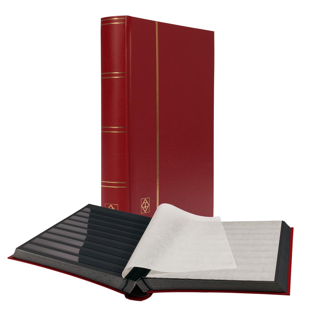 LIGHTHOUSE  BASIC Hard Cover Stockbook for Stamps - 64 Black Cardstock A4 Pages with Clear Strips and Double Linen Hinges - Red