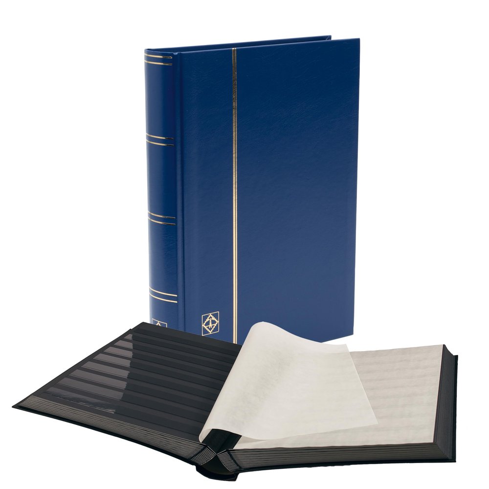 LIGHTHOUSE  BASIC Hard Cover Stockbook for Stamps - 64 Black Cardstock A4 Pages with Clear Strips and Double Linen Hinges - Blue