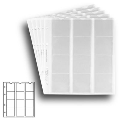 5 Numismatic Prophila Coin Sheets, 12 Pockets up to 44 mm Diameter
