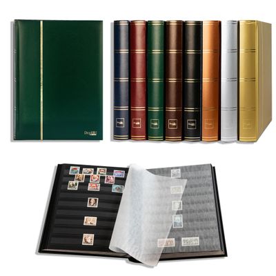 Prophila Stamp Album Stockbook 60 Black Sides, Leatherette Padded Green Cover