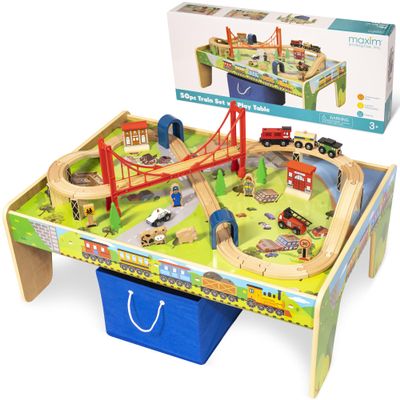 50 Piece Wooden Train Set with Activity Table & Storage Bin - 100% Hardwood Track, Engine, Oil Tanker, Caboose, Fire Engine, Station, Policeman, Farm Animals. Compatible with All Major Brands
