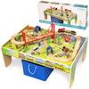 50 Piece Wooden Train Set with Activity Table & Storage Bin - 100% Hardwood Track, Engine, Oil Tanker, Caboose, Fire Engine, Station, Policeman, Farm Animals. Compatible with All Major Brands view 1