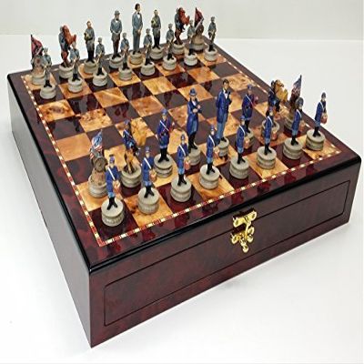 HPL US American Civil War Generals Chess Set W/ 17" High Gloss Cherry & Burlwood Color Storage Board