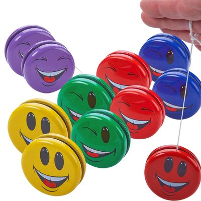 Kicko Metal Smiley Faces Yo-Yos for Kids - 2-Inch Assorted Colors Emoji Yo Yos - Versatile Smile Toys Party Bag Collection - Yoyo Party Favors and Bag Fillers for Themed Parties - Pack of 12