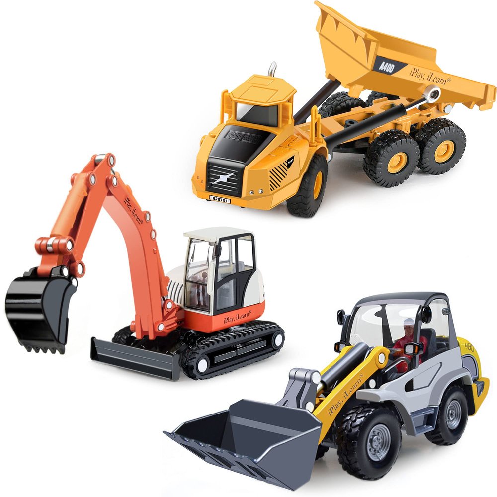 iPlay, iLearn Heavy Duty Construction Site Playset, Metal Dump Truck, Excavator Digger Backhoe, Tractor Bulldozer Diecast Vehicle, Outdoor Sandbox Car Toy, Birthday Gift 3 4 5 Year Old Boy Kid Toddler