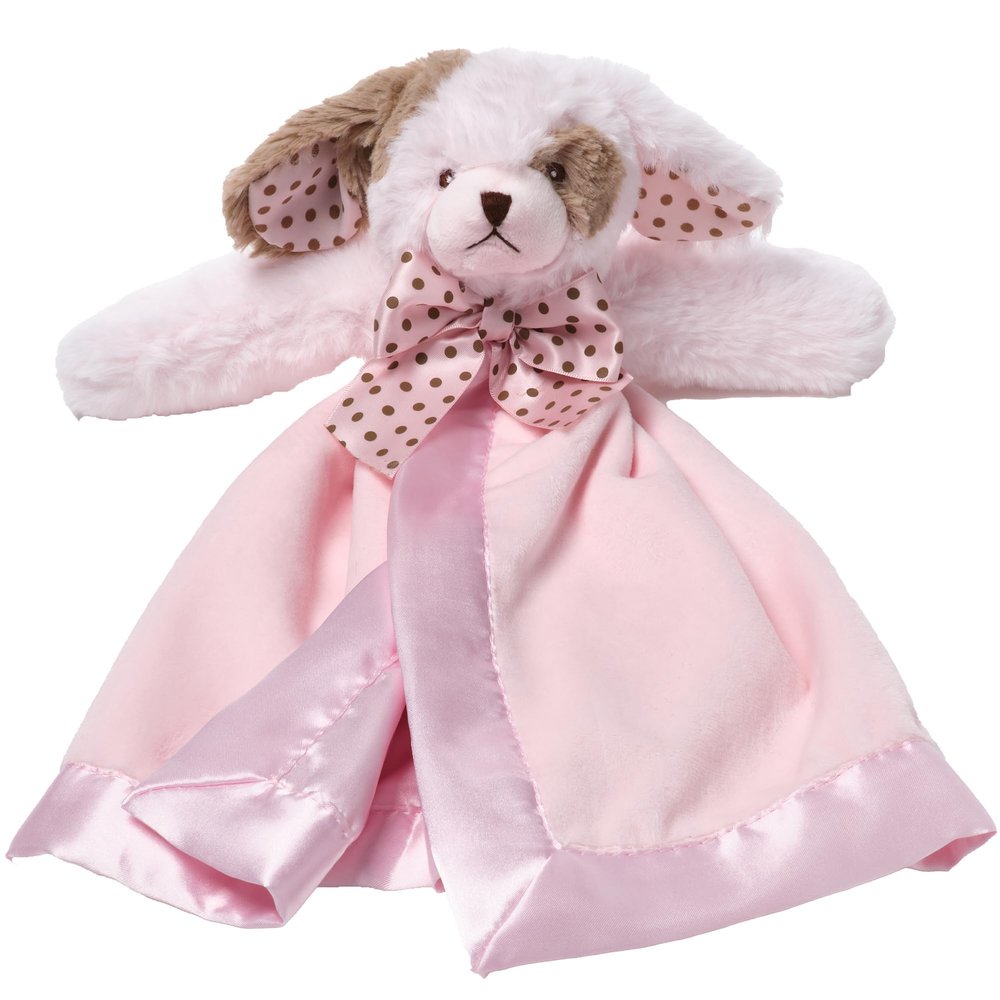 Bearington Baby Wiggles Snuggler - 15" Pink Puppy Lovey Security Blanket with Satin Trim and Plush Dog Design - Soft Lovie for Babies and Baby Security Blankets Gift for Girls and Newborns