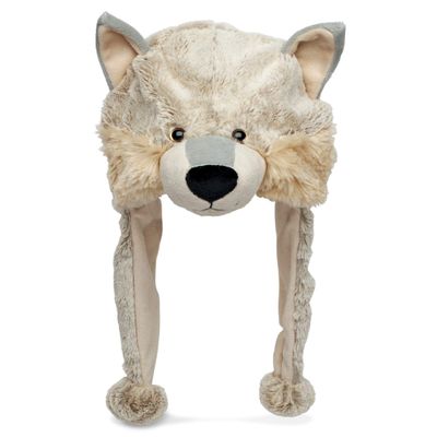 DolliBu Gray Wolf Plush Hat - Wolf Stuffed Animal Winter Hat, Cute Wolf Hat with Cozy Fleece, Warm Fluffy Beanie, Adults, Teens, and Kids Winter Hat With Ear Flaps for Halloween or Cosplay - One Size