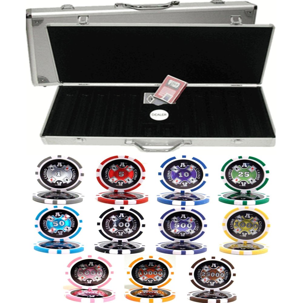 Casino Aces Laser 14gm Clay 500 Chip Poker Set - with Aluminum Case