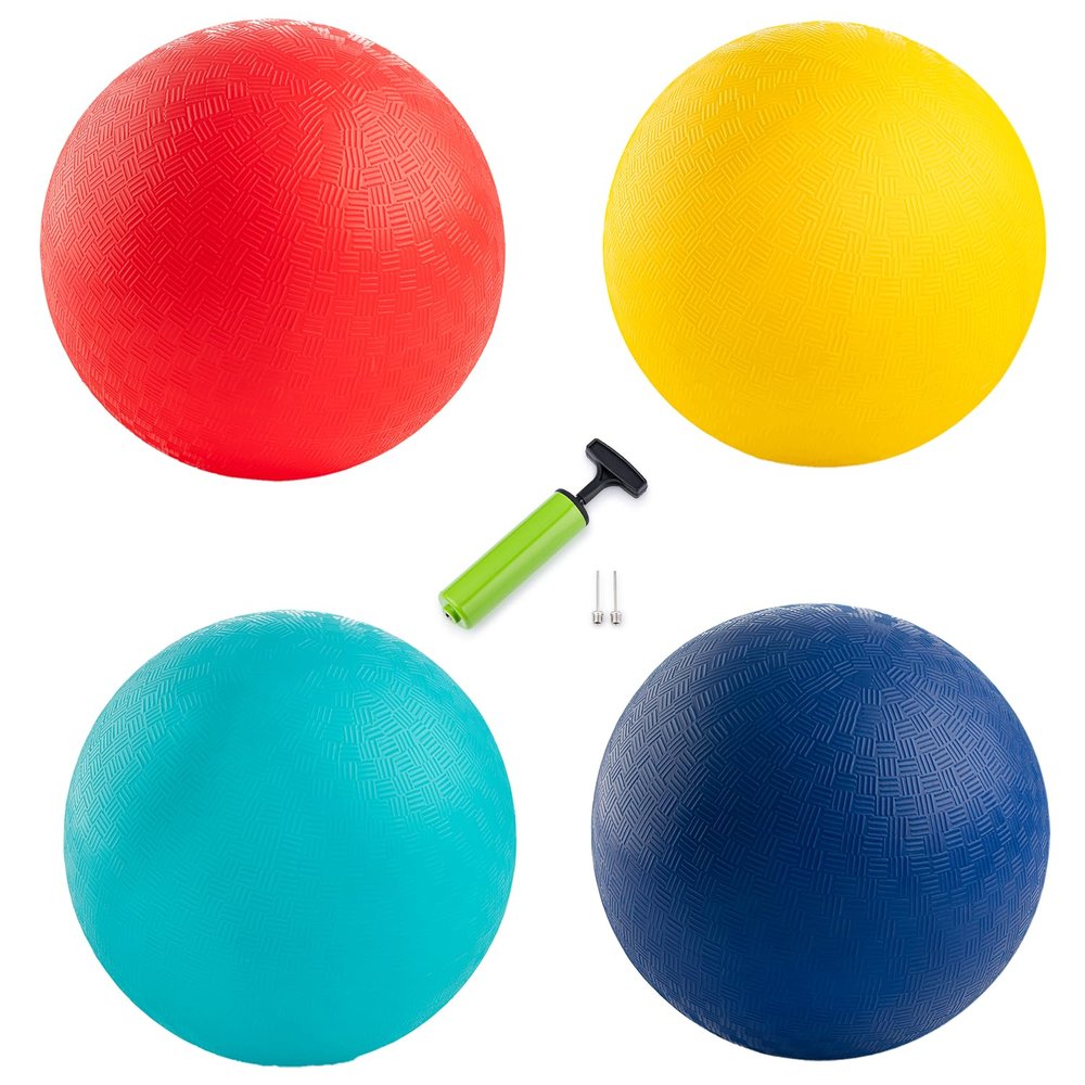 New Bounce Playground Balls for Kids - Set of 4 Rubber Bouncing Balls Plus Pump & 2 pins - Regulation Size for Dodgeball and More - Durable, Inflatable 8.5" Game Kickballs