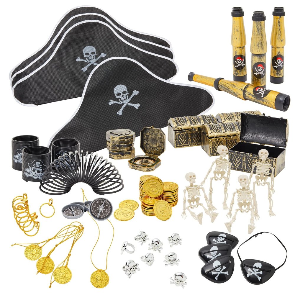 Juvale Pirate Birthday Party Favors Kit - 100-Piece Set, Includes Hats, Patches, Compasses, Coins & Toys - Pirate Accessories for Party Favors