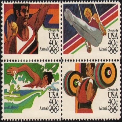 1984 SUMMER OLYMPICS '84 ~ LOS ANGELES ~ AIRMAIL ~ SWIMMING ~ WEIGHT LIFTING ~ SHOT PUT ~ GYMNASTICS #C108a Block of 4 x 40 US Postage Stamps