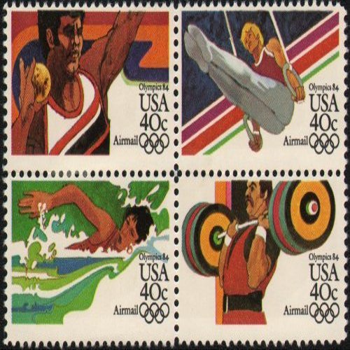 1984 SUMMER OLYMPICS '84 ~ LOS ANGELES ~ AIRMAIL ~ SWIMMING ~ WEIGHT LIFTING ~ SHOT PUT ~ GYMNASTICS #C108a Block of 4 x 40 US Postage Stamps