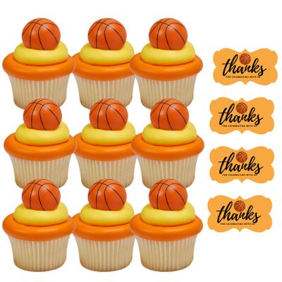 24pack 3D Basketball Cupcake/Desert/Food Decoration Topper Rings with Favor Stickers