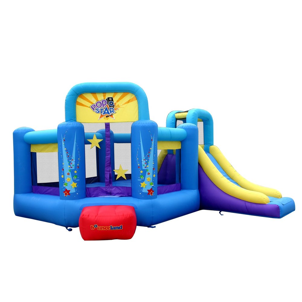 Bounceland Pop Star Inflatable Bounce House Bouncer, Large Bouncing Area with Long Slide, Climbing Wall, Basketball Hoop, UL 1HP Blower Included, 15 ft x 13 ft x 8.3 ft H, Pop Star Kids Party Theme