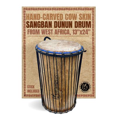 Africa Heartwood Project Ghana Sangban Dunun Drum - "12 X 24" - African Cow Skin Hand Drum, Handcrafted in Africa